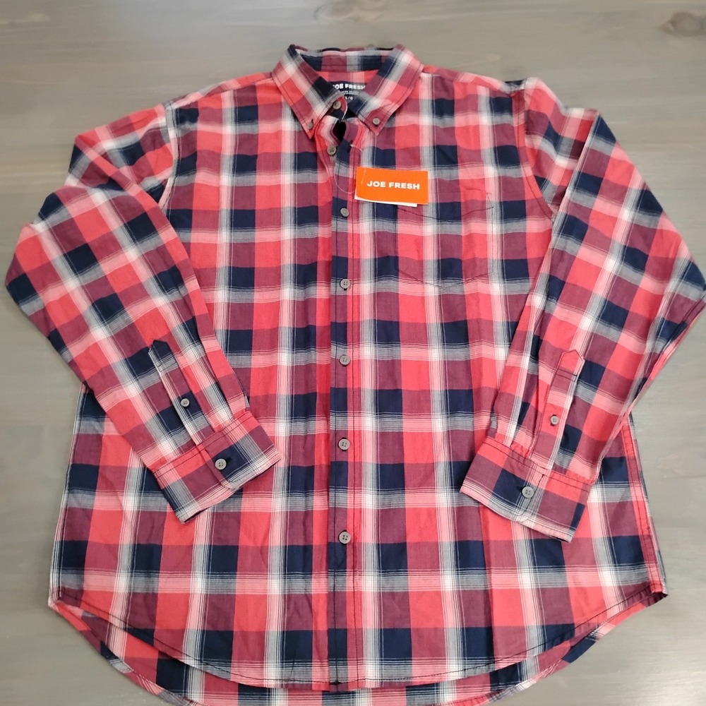 NWT Joe Fresh Button Down Men's Size Large Red Blue White Plaid Long Sleeve